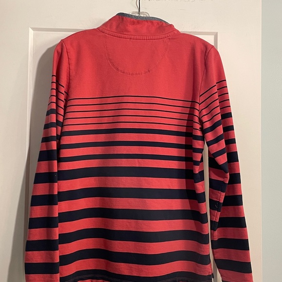 LL Bean Size Med Rosy Pink and Navy Striped LS Tee 100% Cotton 4 Button Placket - Picture 5 of 6